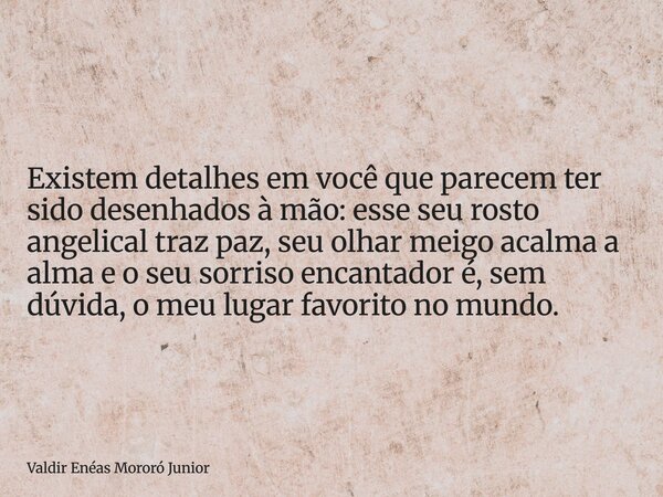 Existem detalhes em você que parecem ter sido desenhados à mão: esse seu rosto angelical traz paz, seu olhar meigo acalma a alma e o seu sorriso encantador é, s... Frase de Valdir Enéas Mororó Junior.