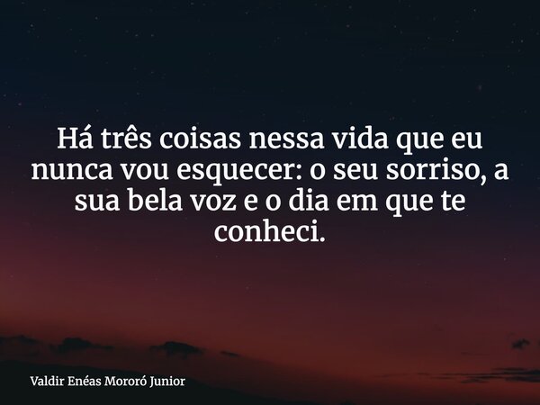 Há três coisas nessa vida que eu nunca vou esquecer: o seu sorriso, a sua bela voz e o dia em que te conheci.... Frase de Valdir Enéas Mororó Junior.