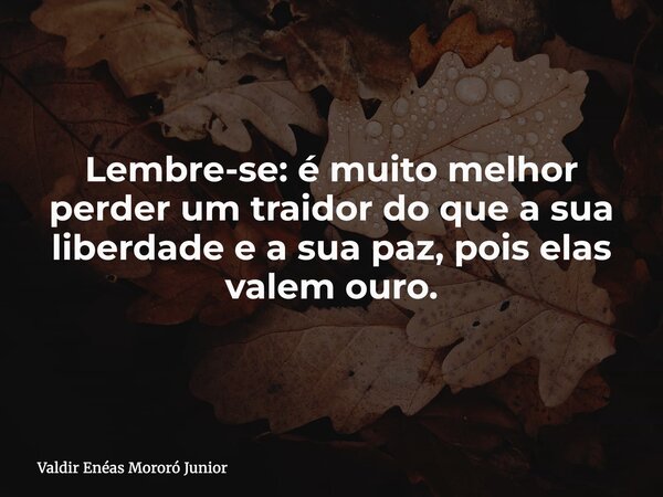 Lembre-se: é muito melhor perder um traidor do que a sua liberdade e a sua paz, pois elas valem ouro.... Frase de Valdir Enéas Mororó Junior.