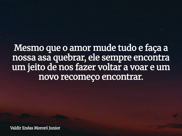 Mesmo que o amor mude tudo e faça a nossa asa quebrar, ele sempre encontra um jeito de nos fazer voltar a voar e um novo recomeço encontrar.... Frase de Valdir Enéas Mororó Junior.