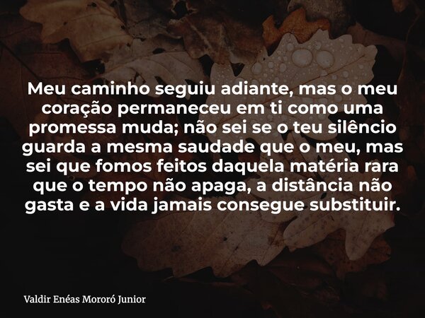 Meu caminho seguiu adiante, mas o meu coração permaneceu em ti como uma promessa muda; não sei se o teu silêncio guarda a mesma saudade que o meu, mas sei que f... Frase de Valdir Enéas Mororó Junior.
