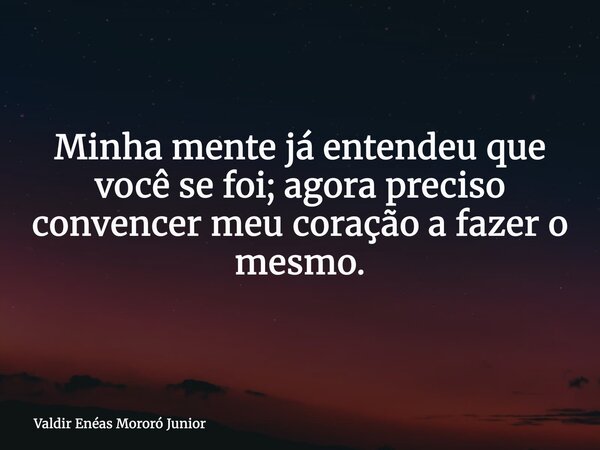 Minha mente já entendeu que você se foi; agora preciso convencer meu coração a fazer o mesmo.... Frase de Valdir Enéas Mororó Junior.