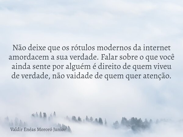 Não deixe que os rótulos modernos da internet amordacem a sua verdade. Falar sobre o que você ainda sente por alguém é direito de quem viveu de verdade, não vai... Frase de Valdir Enéas Mororó Junior.