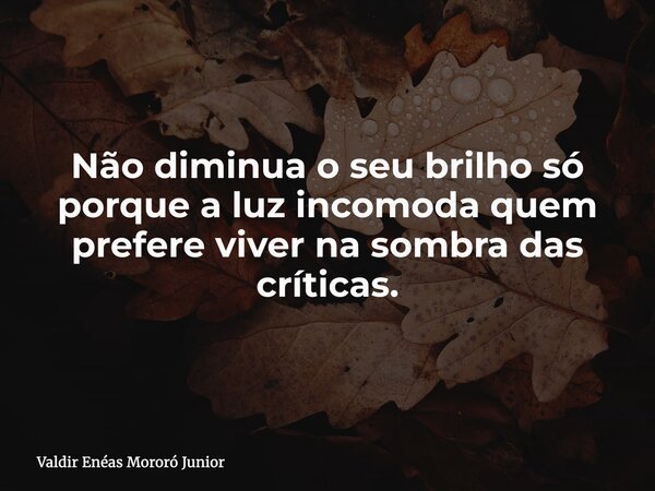 Não diminua o seu brilho só porque a luz incomoda quem prefere viver na sombra das críticas.... Frase de Valdir Enéas Mororó Junior.