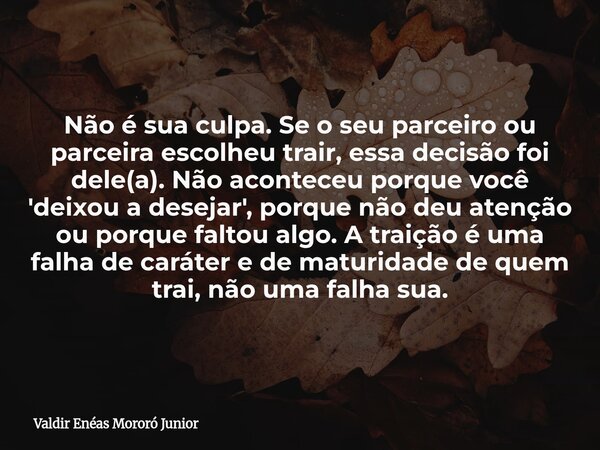 Não é sua culpa. Se o seu parceiro ou parceira escolheu trair, essa decisão foi dele(a). Não aconteceu porque você 'deixou a desejar', porque não deu atenção ou... Frase de Valdir Enéas Mororó Junior.