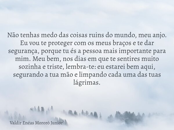Não tenhas medo das coisas ruins do mundo, meu anjo. Eu vou te proteger com os meus braços e te dar segurança, porque tu és a pessoa mais importante para mim. M... Frase de Valdir Enéas Mororó Junior.