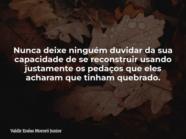 Nunca deixe ninguém duvidar da sua capacidade de se reconstruir usando justamente os pedaços que eles acharam que tinham quebrado.... Frase de Valdir Enéas Mororó Junior.