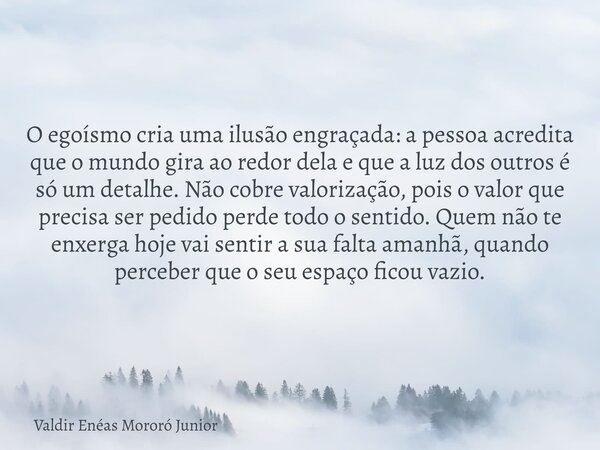 O egoísmo cria uma ilusão engraçada: a pessoa acredita que o mundo gira ao redor dela e que a luz dos outros é só um detalhe. Não cobre valorização, pois o valo... Frase de Valdir Enéas Mororó Junior.