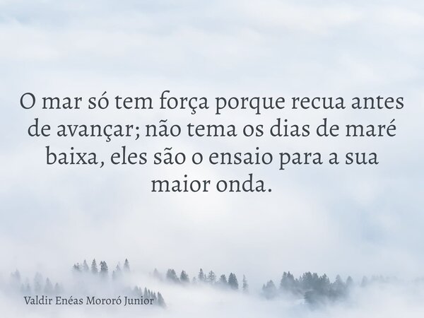 O mar só tem força porque recua antes de avançar; não tema os dias de maré baixa, eles são o ensaio para a sua maior onda.... Frase de Valdir Enéas Mororó Junior.