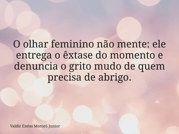 O olhar feminino não mente: ele entrega o êxtase do momento e denuncia o grito mudo de quem precisa de abrigo.... Frase de Valdir Enéas Mororó Junior.