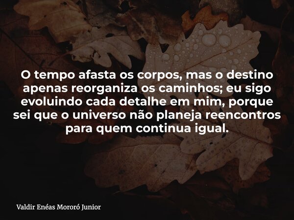 O tempo afasta os corpos, mas o destino apenas reorganiza os caminhos; eu sigo evoluindo cada detalhe em mim, porque sei que o universo não planeja reencontros ... Frase de Valdir Enéas Mororó Junior.