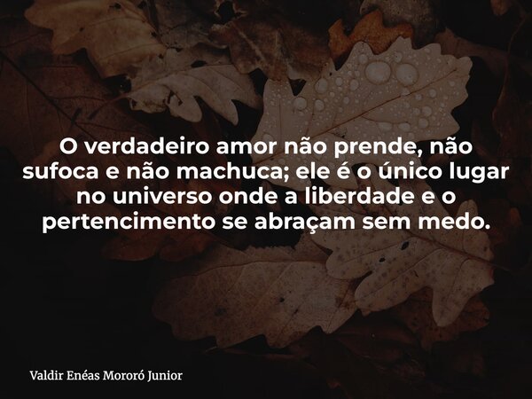 O verdadeiro amor não prende, não sufoca e não machuca; ele é o único lugar no universo onde a liberdade e o pertencimento se abraçam sem medo.... Frase de Valdir Enéas Mororó Junior.