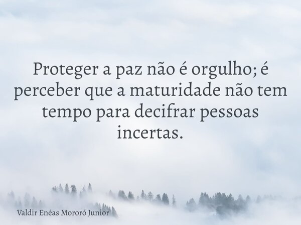 Proteger a paz não é orgulho; é perceber que a maturidade não tem tempo para decifrar pessoas incertas.... Frase de Valdir Enéas Mororó Junior.