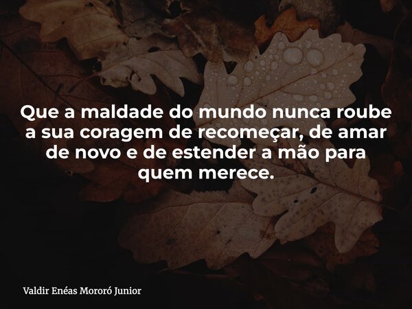 Que a maldade do mundo nunca roube a sua coragem de recomeçar, de amar de novo e de estender a mão para quem merece.... Frase de Valdir Enéas Mororó Junior.