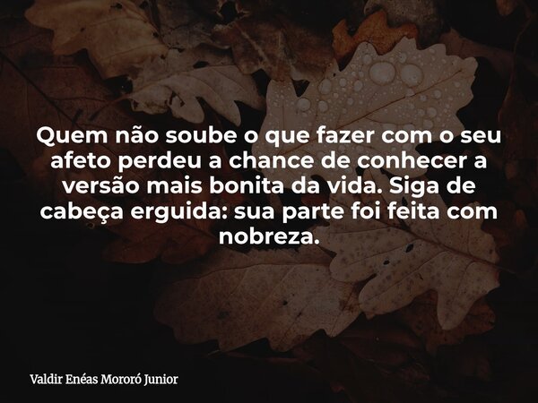 Quem não soube o que fazer com o seu afeto perdeu a chance de conhecer a versão mais bonita da vida. Siga de cabeça erguida: sua parte foi feita com nobreza.... Frase de Valdir Enéas Mororó Junior.