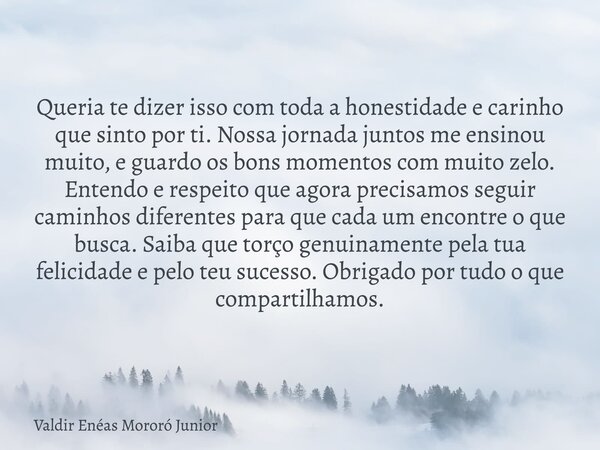 Queria te dizer isso com toda a honestidade e carinho que sinto por ti. Nossa jornada juntos me ensinou muito, e guardo os bons momentos com muito zelo. Entendo... Frase de Valdir Enéas Mororó Junior.