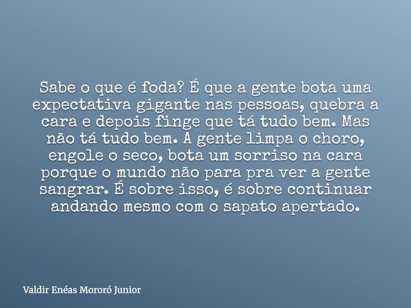 Sabe o que é foda? É que a gente bota uma expectativa gigante nas pessoas, quebra a cara e depois finge que tá tudo bem. Mas não tá tudo bem. A gente limpa o ch... Frase de Valdir Enéas Mororó Junior.