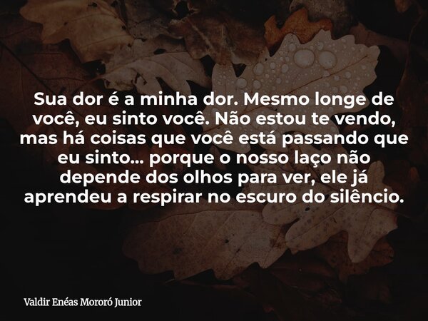 Sua dor é a minha dor. Mesmo longe de você, eu sinto você. Não estou te vendo, mas há coisas que você está passando que eu sinto... porque o nosso laço não depe... Frase de Valdir Enéas Mororó Junior.