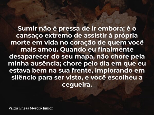 Sumir não é pressa de ir embora; é o cansaço extremo de assistir à própria morte em vida no coração de quem você mais amou. Quando eu finalmente desaparecer do ... Frase de Valdir Enéas Mororó Junior.
