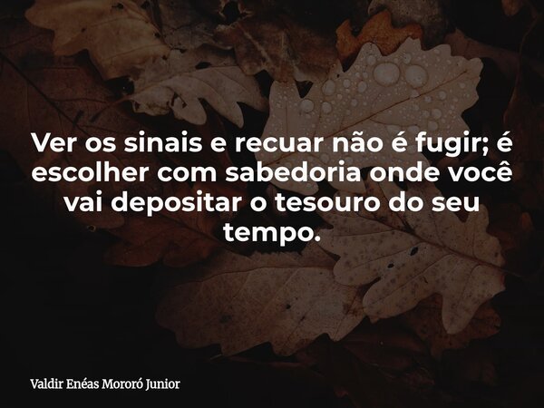 Ver os sinais e recuar não é fugir; é escolher com sabedoria onde você vai depositar o tesouro do seu tempo.... Frase de Valdir Enéas Mororó Junior.