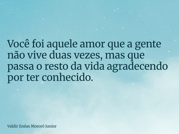 Você foi aquele amor que a gente não vive duas vezes, mas que passa o resto da vida agradecendo por ter conhecido.... Frase de Valdir Enéas Mororó Junior.