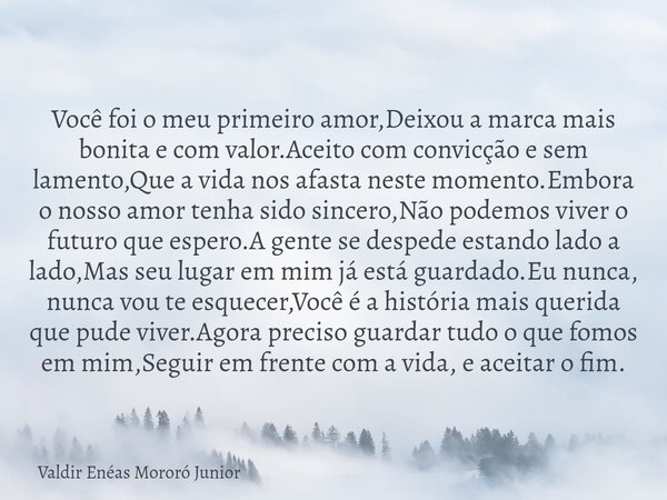 Você foi o meu primeiro amor,Deixou a marca mais bonita e com valor.Aceito com convicção e sem lamento,Que a vida nos afasta neste momento.Embora o nosso amor t... Frase de Valdir Enéas Mororó Junior.