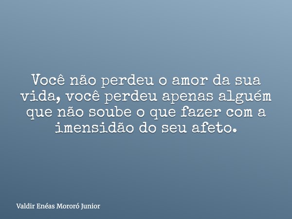 Você não perdeu o amor da sua vida, você perdeu apenas alguém que não soube o que fazer com a imensidão do seu afeto.... Frase de Valdir Enéas Mororó Junior.