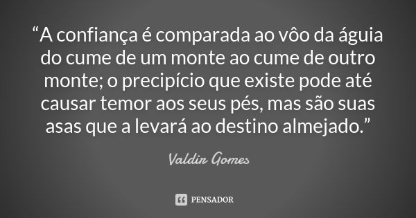 “A confiança é comparada ao vôo da águia do cume de um monte ao cume de outro monte; o precipício que existe pode até causar temor aos seus pés, mas são suas as... Frase de Valdir Gomes.