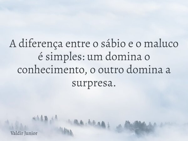 A diferença entre o sábio e o maluco é simples: um domina o conhecimento, o outro domina a surpresa.... Frase de Valdir Junior.