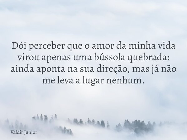Dói perceber que o amor da minha vida virou apenas uma bússola quebrada: ainda aponta na sua direção, mas já não me leva a lugar nenhum.... Frase de Valdir Junior.