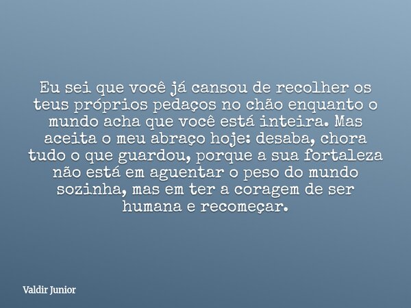 Eu sei que você já cansou de recolher os teus próprios pedaços no chão enquanto o mundo acha que você está inteira. Mas aceita o meu abraço hoje: desaba, chora ... Frase de Valdir Junior.