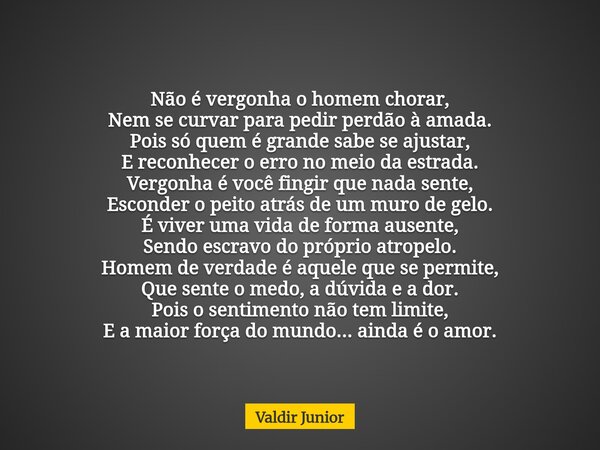 Não é vergonha o homem chorar, Nem se curvar para pedir perdão à amada. Pois só quem é grande sabe se ajustar, E reconhecer o erro no meio da estrada. Vergonha ... Frase de Valdir Junior.