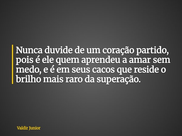 Nunca duvide de um coração partido, pois é ele quem aprendeu a amar sem medo, e é em seus cacos que reside o brilho mais raro da superação.⁠... Frase de Valdir Junior.
