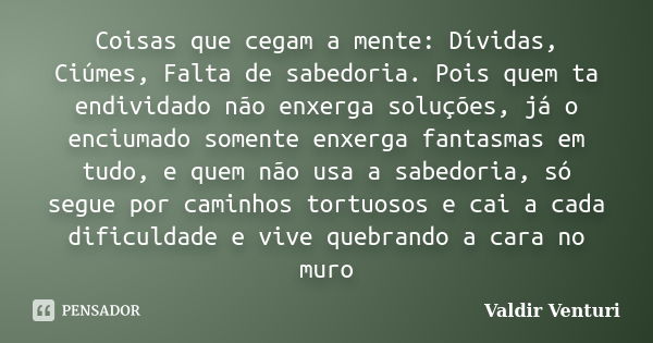 Coisas que cegam a mente: Dívidas, Ciúmes, Falta de sabedoria. Pois quem ta endividado não enxerga soluções, já o enciumado somente enxerga fantasmas em tudo, e... Frase de Valdir Venturi.