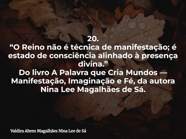 20. “O Reino não é técnica de manifestação; é estado de consciência alinhado à presença divina.” Do livro A Palavra que Cria Mundos — Manifestação, Imaginação e... Frase de Valdira Abreu Magalhães Nina Lee de Sá.