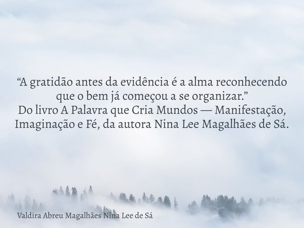 “A gratidão antes da evidência é a alma reconhecendo que o bem já começou a se organizar.” Do livro A Palavra que Cria Mundos — Manifestação, Imaginação e Fé, d... Frase de Valdira Abreu Magalhães Nina Lee de Sá.