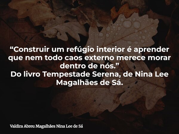 “Construir um refúgio interior é aprender que nem todo caos externo merece morar dentro de nós.” Do livro Tempestade Serena, de Nina Lee Magalhães de Sá.... Frase de Valdira Abreu Magalhães Nina Lee de Sá.