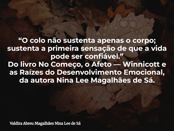 “O colo não sustenta apenas o corpo; sustenta a primeira sensação de que a vida pode ser confiável.” Do livro No Começo, o Afeto — Winnicott e as Raízes do Dese... Frase de Valdira Abreu Magalhães Nina Lee de Sá.