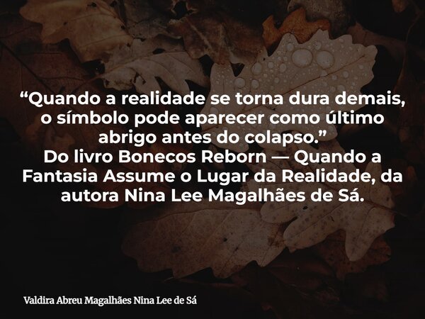 “Quando a realidade se torna dura demais, o símbolo pode aparecer como último abrigo antes do colapso.” Do livro Bonecos Reborn — Quando a Fantasia Assume o Lug... Frase de Valdira Abreu Magalhães Nina Lee de Sá.