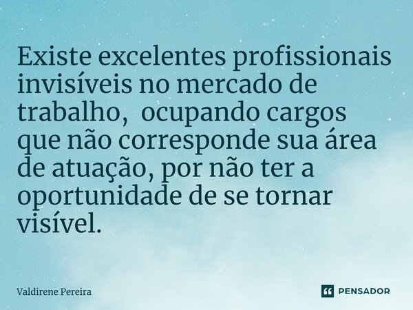 ⁠Existe excelentes profissionais invisíveis no mercado de trabalho, ocupando cargos que não corresponde sua área de atuação, por não ter a oportunidade de se to... Frase de Valdirene Pereira.