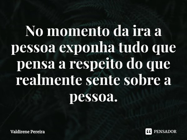 ⁠No momento da ira a pessoa exponha tudo que pensa a respeito do que realmente sente sobre a pessoa.... Frase de Valdirene Pereira.