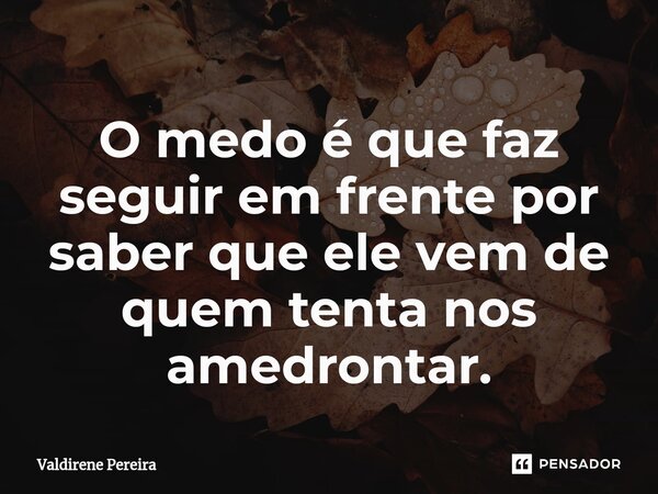 ⁠O medo é que faz seguir em frente por saber que ele vem de quem tenta nos amedrontar.... Frase de Valdirene Pereira.