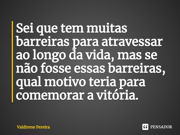 ⁠Sei que tem muitas barreiras para atravessar ao longo da vida, mas se não fosse essas barreiras, qual motivo teria para comemorar a vitória.... Frase de Valdirene Pereira.