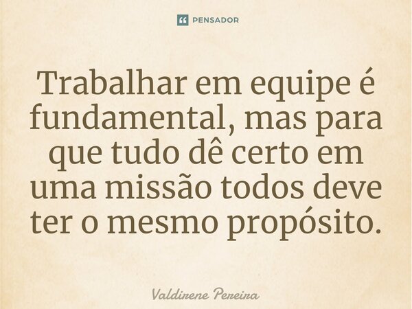 ⁠Trabalhar em equipe é fundamental, mas para que tudo dê certo em uma missão todos deve ter o mesmo propósito.... Frase de Valdirene Pereira.