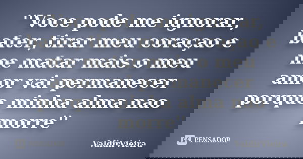 ''Voce pode me ignorar, bater, tirar meu coraçao e me matar mais o meu amor vai permanecer porque minha alma nao morre''... Frase de ValdirVieira.