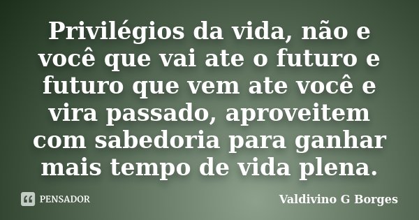 Privilégios da vida, não e você que vai ate o futuro e futuro que vem ate você e vira passado, aproveitem com sabedoria para ganhar mais tempo de vida plena.... Frase de Valdivino G Borges.