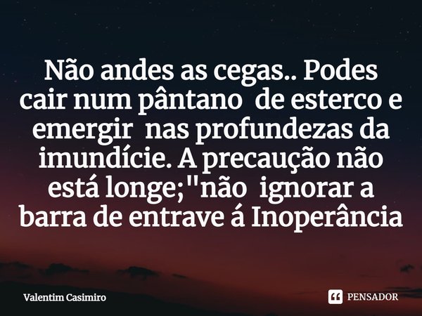 ⁠Não andes as cegas.. Podes cair num pântano de esterco e emergir nas profundezas da imundície. A precaução não está longe; "não ignorar a barra de entrave... Frase de Valentim Casimiro.