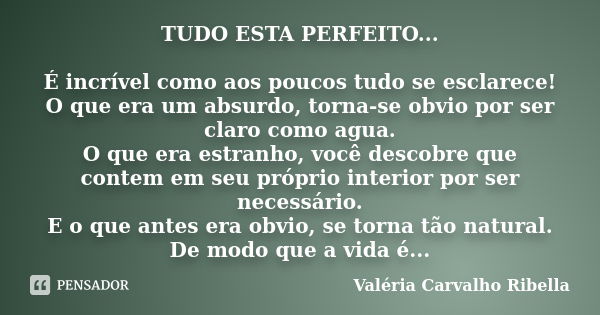 TUDO ESTA PERFEITO... É incrível como aos poucos tudo se esclarece! O que era um absurdo, torna-se obvio por ser claro como agua. O que era estranho, você desco... Frase de Valeria Carvalho Ribella.