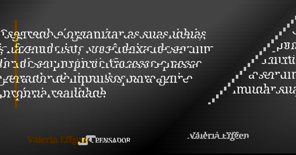 O segredo é organizar as suas ideias, pois, fazendo isto, você deixa de ser um curtidor do seu próprio fracasso e passa a ser um gerador de impulsos para agir e... Frase de Valeria Effgen.
