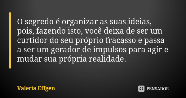 O segredo é organizar as suas ideias, pois, fazendo isto, você deixa de ser um curtidor do seu próprio fracasso e passa a ser um gerador de impulsos para agir e... Frase de Valeria Effgen.